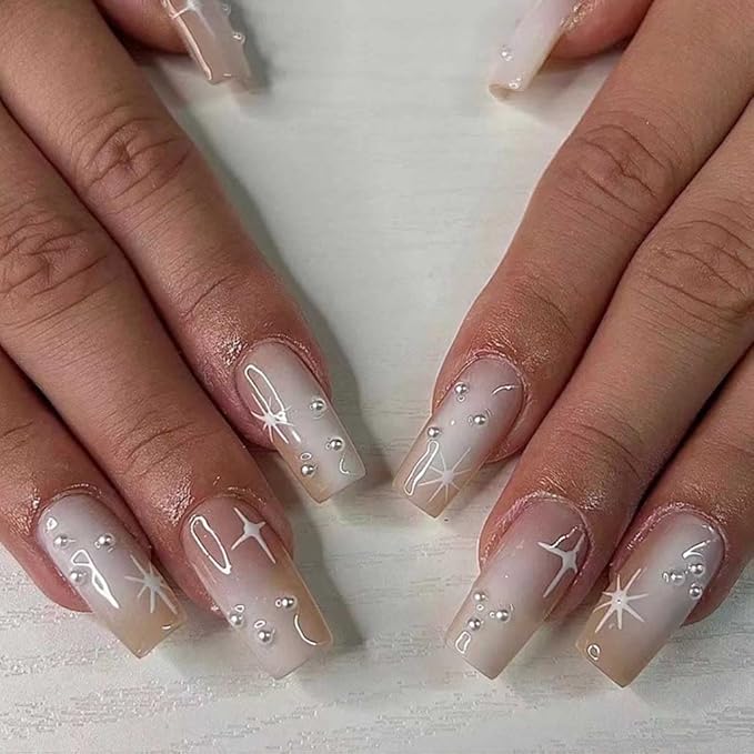 White Press on Nails Medium Long, Pearl Fake Nails Square Acrylic False Nails,Artificial Nails for Women and Girls 24 pcs