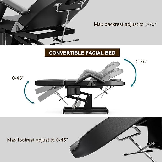 SyyBhb Electric Height Adjustable Esthetician Chair Facial Bed, 3-Section Folding Lift Tattoo Chair Bed Massage Table for Spa, Lash Extension, Microblading, Wax, Medical Treatment, Black