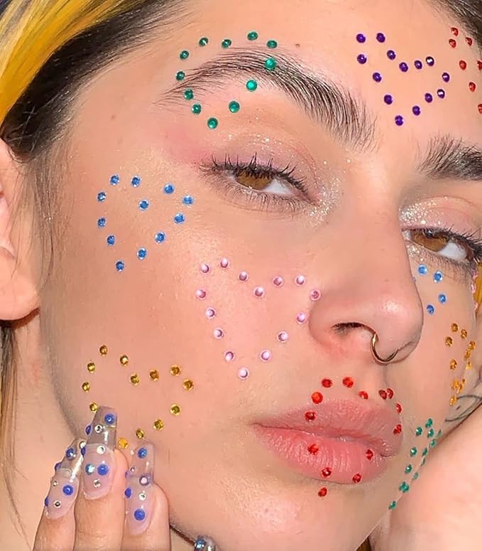 1250 Pcs Self Adhesive Rhinestones for Makeup Eyes 15 Colors Rainbow Rhinestones Face Jewels Face Gems Stick on, DIY Nail Makeup 3mm 4mm 5mm 6mm Rave Festival Accessories Costume for Women