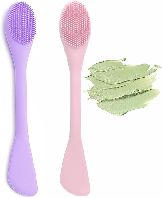 2 in 1 Facial Cleansing Brush&Silicone Face Mask Applicator, 2PCS Face Mask Brush Face Scrubber for Exfoliating, Massaging, Remove Blackheads, Applicator for Mud, Body Lotion, DIY Mask, Pink & Purple