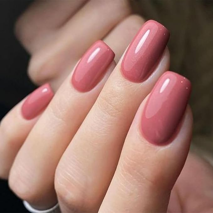 Modelones Petal Pink Press on Nails, Christmas Short Square Fake Nails, Reusable Nail Kit with Nail Glue Adhesive Tabs Mini Nail File, Nails Press Ons 32Pcs 16 Sizes, Women Girl Gift