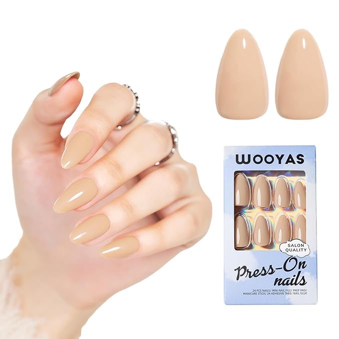 WOOYAS Press On Nails Short, Light Brown Almond False Nails, Solid Color Fake Nails Natural Gel Full Cover Stick on nail, Glossy Glue On Nails Kit for Women Salon Manicure 12 Sizes