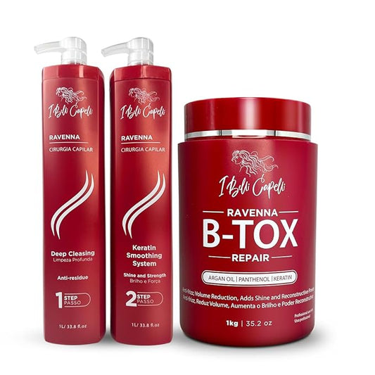 I Belli Capelli Ravenna Professional Keratin Hair B-tox -Cirugia Capilar para el Cabello, Smoothing, B-tox Hair Treatment, Celulas Madres Para el Cabello-Straightener System 3x1L 105.8oz