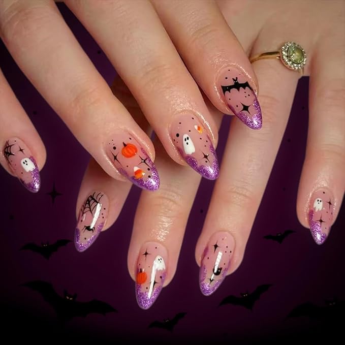 48Pcs Halloween Press on Nails Medium Almond Fake Nails Cute Ghost Skull False Nails wuth Designs Pumpkin Spider Webs Skeleton Glue on Nail Glossy Purple Glitter Acrylic Nail for Women Girls