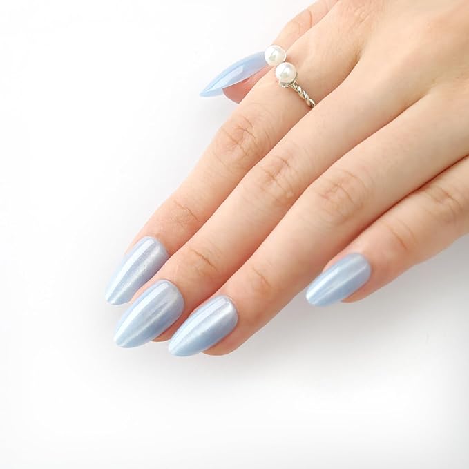 Blue Almond Press On Nails Short, Cat Eye Press on Nails with Glue for Women Ashionable Gel False Nails Reusable Acrylic False Nails Women's Glitter Nails Glue On Nails Kit Sky Blue
