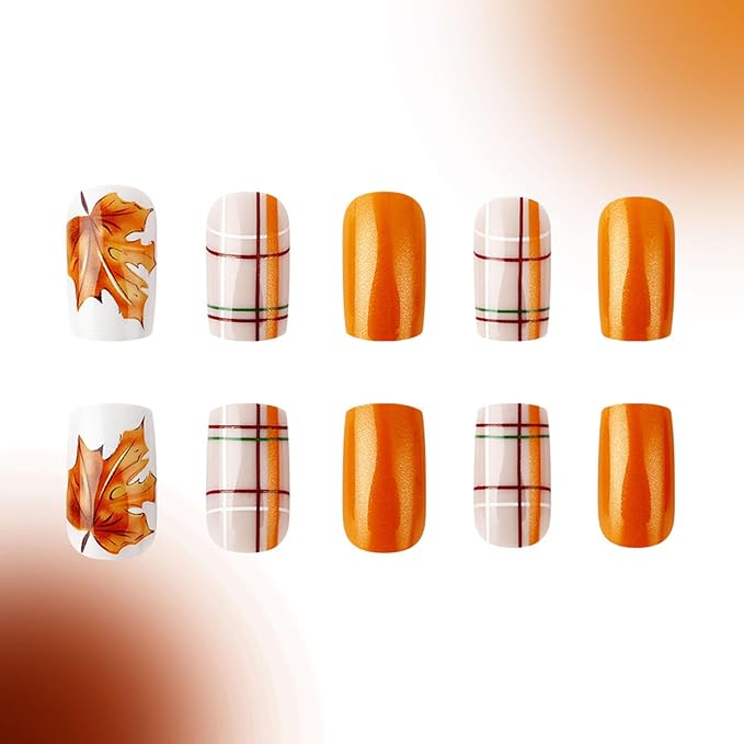 Thanksgiving Press on Nails Medium Square Fake Nails with Maple Leaf & Plaid Designs Orange Nails Press ons Glossy Glue on Nails Fall False Nails Brown Stick on Nails for Women 24Pcs