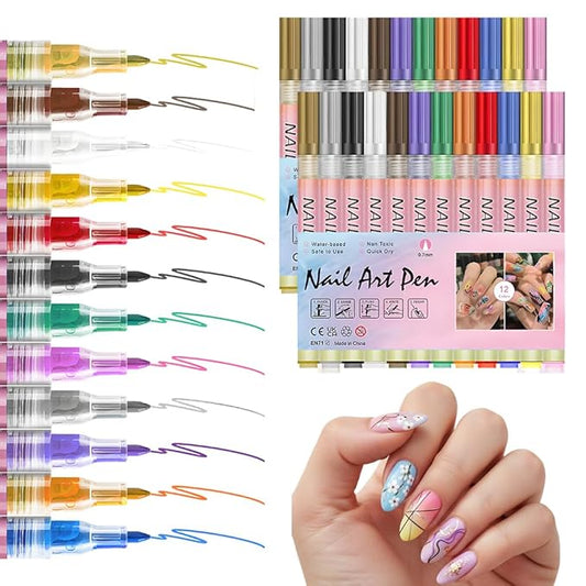 12 Colors Nail Art Pens Set, 2026 New Nail Art Pens for Painting Nails, Nail Art Markers Doodle Pen, Nail Art Tools for Dotting Drawing Painting Point Liner DIY, Quick Dry (2 Set, 0.7mm)