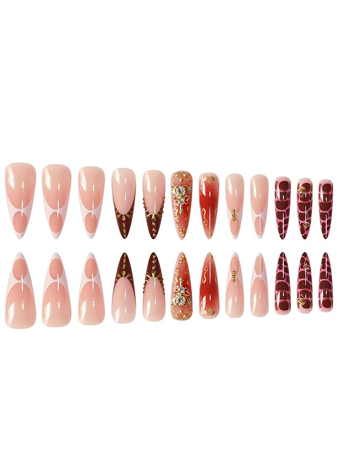 Long Press on Nails Almond Fake Nails with Gold Detail Nude and Burgundy French Manicure Stick on Nail for Women 24pcs