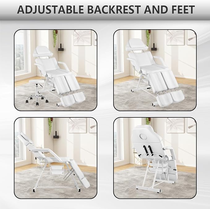 Facial Chair, Foldable Tattoo Chair with Split Legs Hydraulic Stool Massage Table Spa Bed for Beauty Capacity 330lbs White