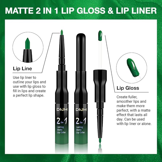 evpct 1Pcs Forest Green Matte Lip Liner & Liquid Lipstick Stain Makeup Set for Women, Green Lip Liner Stain Long Lasting Waterproof Smudge Proof, Cruelty Free Lip Stick Makeup 24 hours originales, 48