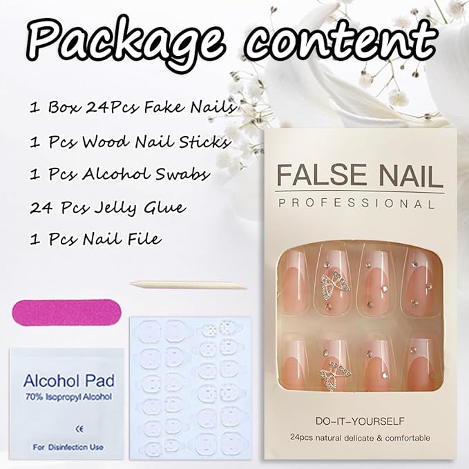 24Pcs Long Press on Coffin Shaped False Nails - Square French Tip Design with Butterfly Charms, Rhinestones - Acrylic Glue Nails for Women