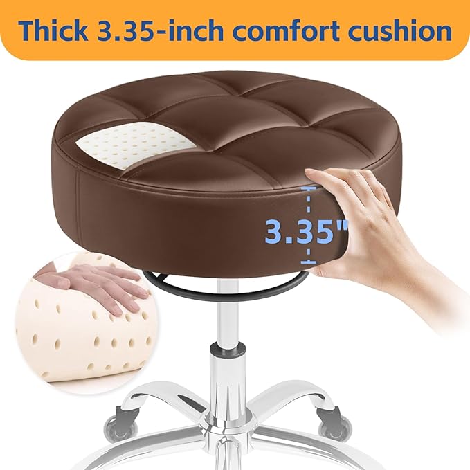 YEEZEE Rolling Stool Heavy Duty 400lb: Super Soft Leather Seat Cushion, 360 Swivel, Height Adjustable 19.7"-25.3", No Squeaky Noises, No Tip Over, Salon & Spa Stool, Brown