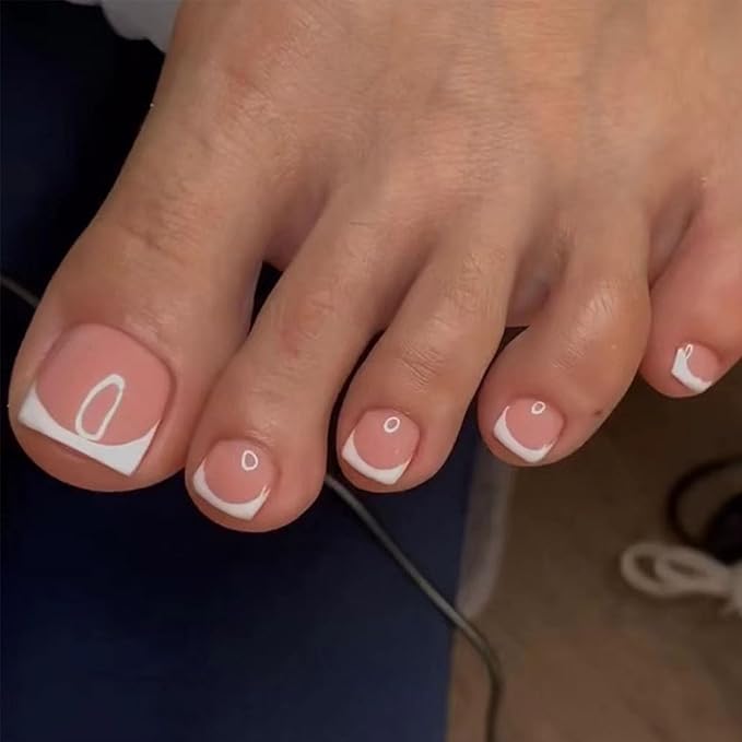 French Tip Press on Toenails Pink Fake Toe Nails with Floral Design Summer False Toenails White French Tips Toe Nails Kit Press ons Glossy Cute Toenails Flower Rhinestones Nails for Women 48Pcs