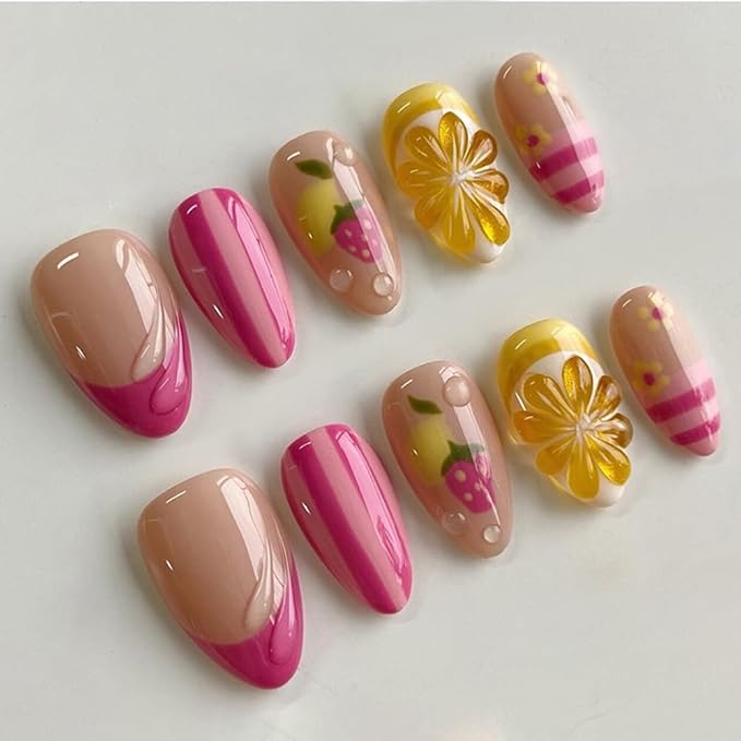 Fruit Press on Nails Short Almond Stick on Nails with 3D Lemon Strawberry Stripe Design Pink French Tip Fake Nails Acrylic Glossy Autumn Glue on Nail for Women Girls Manicure 24Pcs