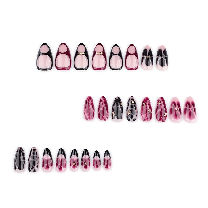 French Press On Nails Short Almond Shape, Fall Fake Nails Adorned with Black and Burgundy Petal Accents, 3D Design, Glossy Gel Finish Acrylic Nails, Natural Reusable Glue On Nails for Women