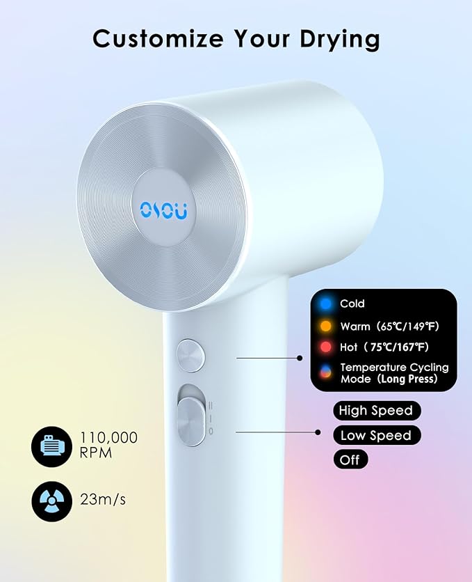 Hair Dryer with Diffuser for Curly Hair, Negative Ionic Hairdryer, High-Speed Blow Dryer with 110, 000 RPM Brushless Motor, Fast Drying Lightweight Travel Hairdryer, Low Noise Quiet Hair Dryers