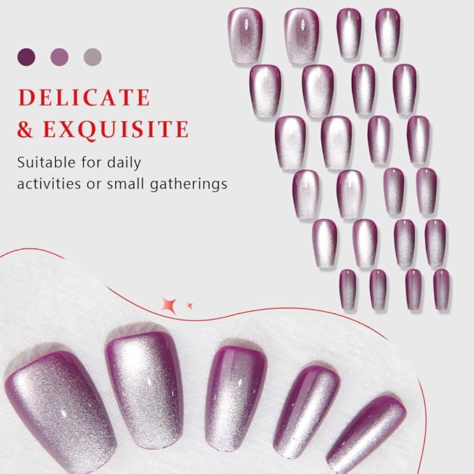 evpct Purple Cat Eye Coffin Press on Nails Square Medium, Medium Square Glue on Nails for Women Gift, Lavender Purple Metallic Glitter Glossy Reusable Summer Gel Press on Fake Nail with Designs, 24Pcs