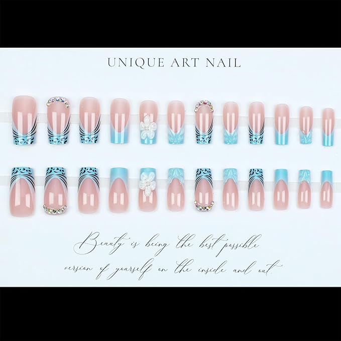 24pcs Blue French Tip Press on Nails Medium 3D Flower Fake Nails Square Nail Tips with Rhinestones Designs Cute Summer Floral False Nails Kit Full Cover Glossy Glue on Nails for Women