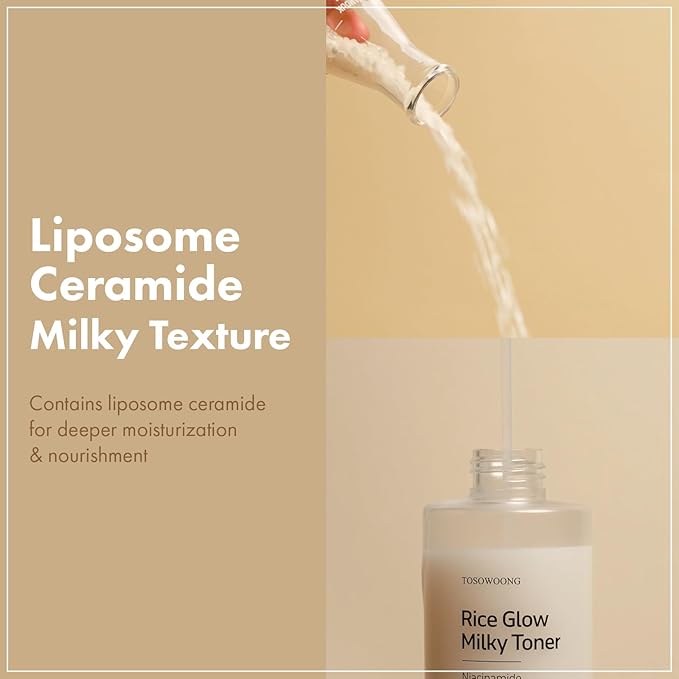 TOSOWOONG Rice Glow Milky Toner with 784,000ppm Korean Rice Water, Niacinamide, Ceramides, Panthenol, Glow, Glass Skin, Hydrating, Purifying, Fragrance-Free, Korean Skin Care, 250ml, 8.45 fl.oz.