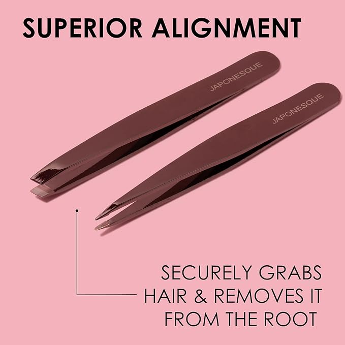JAPONESQUE Slant and Point Tweezers Set, for Defining and Shaping Brows, Made with Hand-Sharpened Stainless, Ideal for Travel