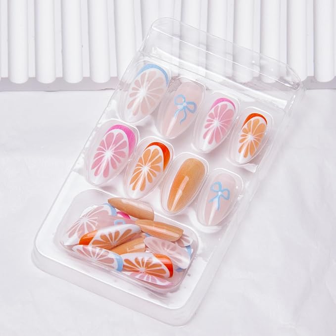 Summer Press on Nails Medium Almond Fake Nails Orange Fruit False Nails with Glossy Acrylic Nails Bow Artificial Nails for Women Girls Manicure Art Decoration 24Pcs