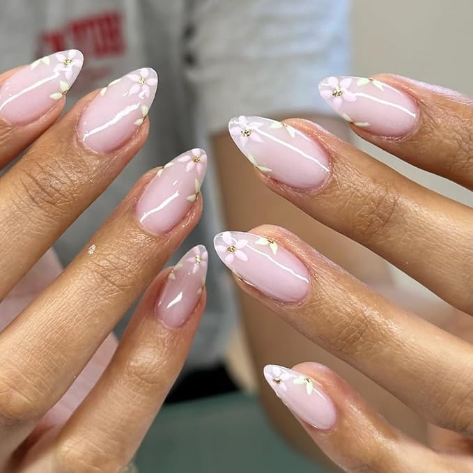 Spring Press-On Nails, Light Pink Fake Nails, Almond Shape Flower Artificial Nails with Gold Accents Designs, Medium Length Glue on Nails, Cute Stick on Nails for Women Girls, 24 Pcs