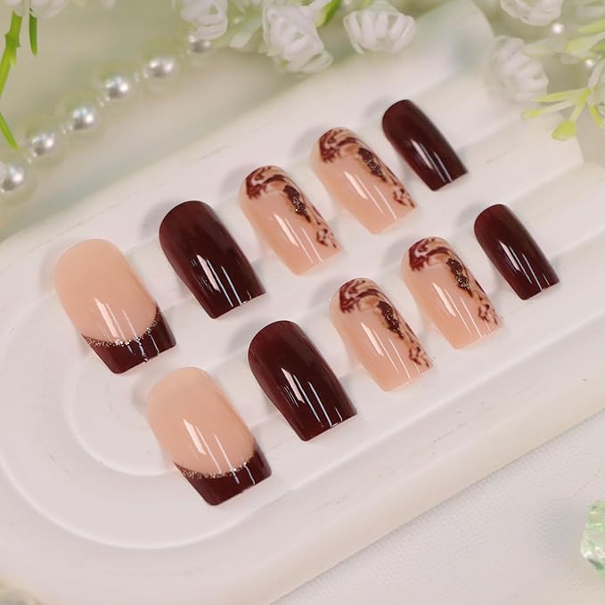 Fall Press on Nails Medium Square Fake Nails with Beach Designs Brown French Tip Nails Press ons Full Cover Acrylic Nails for Women 24Pcs