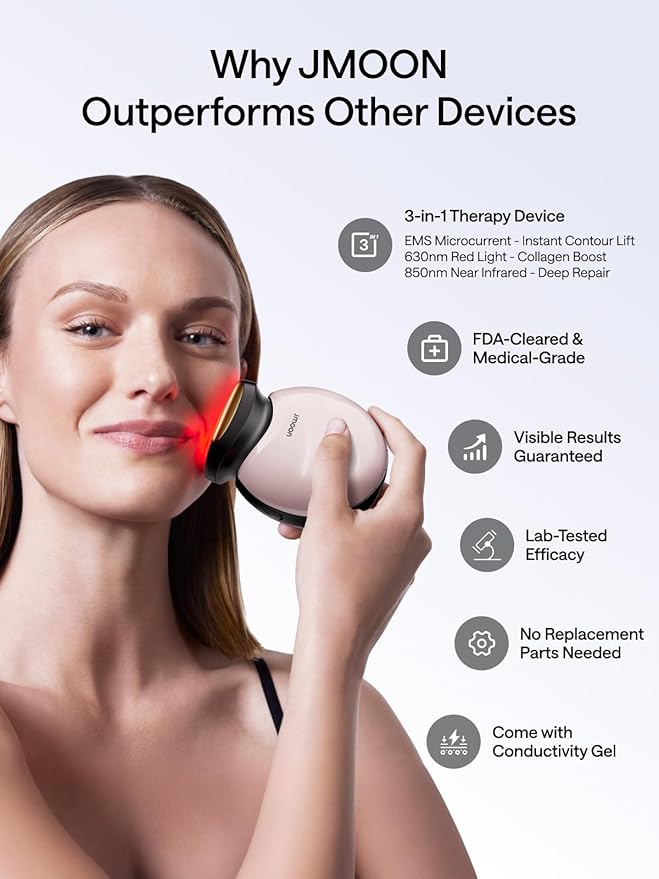 JMOON Microcurrent Facial Device, M30U Red Light Therapy for Face, Safe Anti Aging Skin Care, 4 Modes, 5 Energy Levels for Full Face Lift and Ideal for Smile Lines, Eyes, and Forehead (Pink)