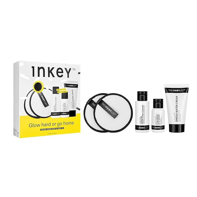 The INKEY List Glow Hard or Go Home Gift Set, Includes 2 Cleansing Pads, Hydrating Cream-to-Milk Cleanser + Hyaluronic Acid Serum + Omega Water Cream, Skincare Trio for Glowing Skin, Perfect Gift