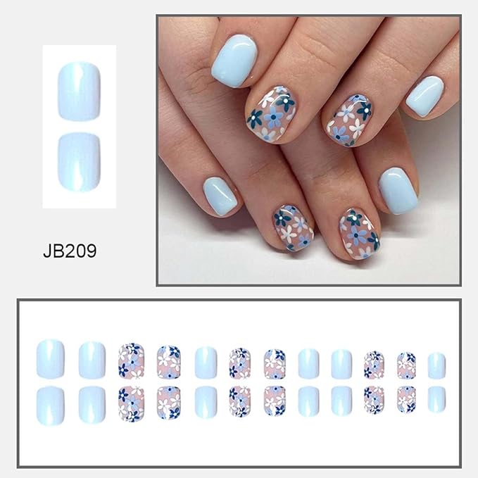 Blue Flowers Press on Nails Square Short Fake Nails Short False Nails Glossy Full Cover Stick on Nails Acrylic Artificial Nails Spring Floral Glue on Nails Artificial Nails for Women 24Pcs