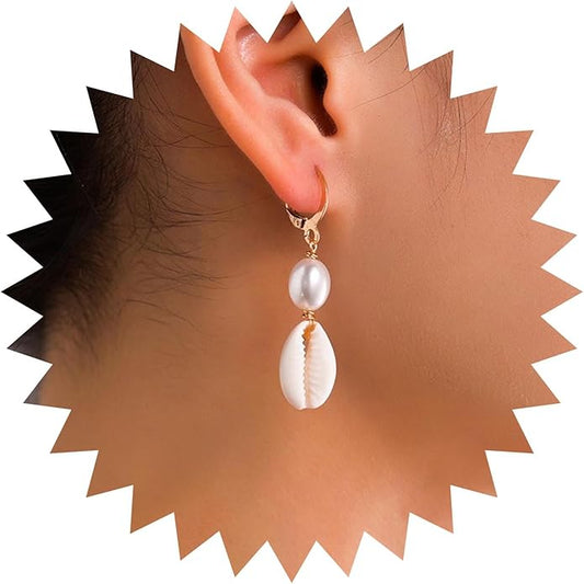 Boho Shell Drop Earrings Vintage Gold Star Shell Dangle Earrings Statement Cowrie Shell Hook Earrings Summer Beach Seashell Earrings Jewelry for Women