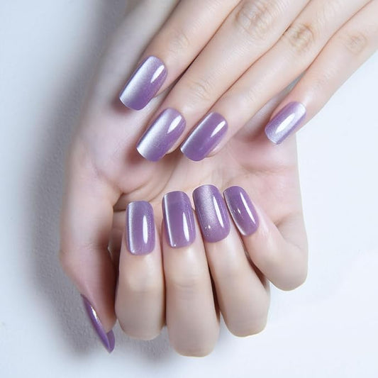 Cat Eye Lavender Purple Press On Nails Medium Long Length Square, Designer Reusable Acrylic Fake Nail, Glossy Gel Nails Wedding Party, Stick On Glue On Nail, Nails Press Ons for Women