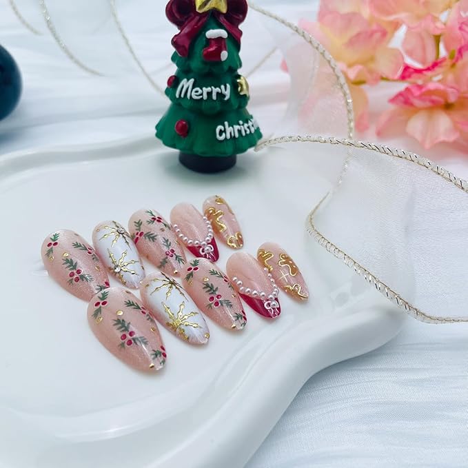 Christmas Press on Nails Medium Almond French Tip Fake Nails Xmas Gingerbread Man Holly Snowflake False Nail Glossy Pink Glue on Nails with Pearl Designs Christmas Acrylic Nail for Women 24 Pcs