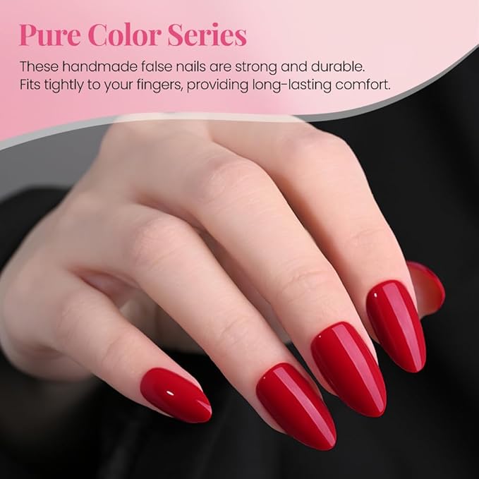evpct Glossy Press on Nails Short Almond Short for Women, Ruby Red Fake Nail with Glue Salon Quality Reusable Stick on Nails In 15 Sizes 30Pcs Full Cover False Nail Soft Gel Set Kit for Gift, 14