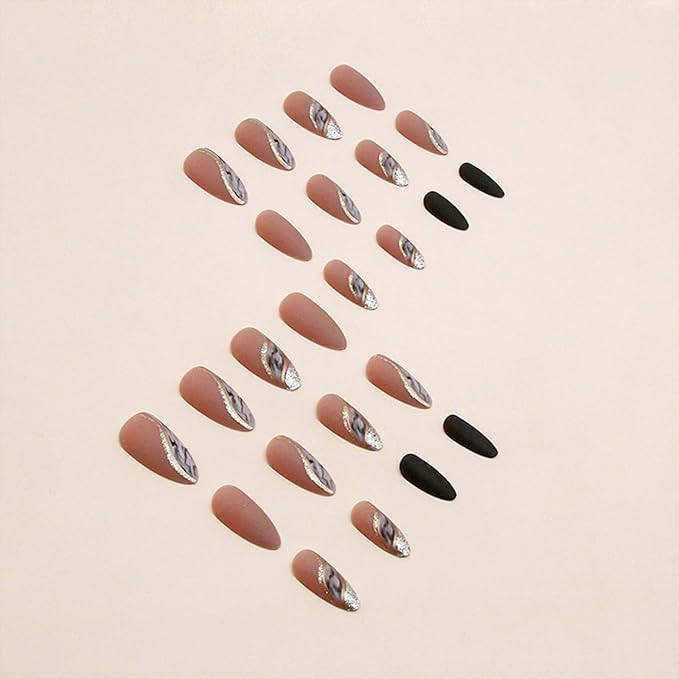Almond Press on Nails Medium Fake Nails Nude False Nails with Designs Gold Glitter Line Glue on Nails Marble Full Cover Acrylic Nails Brown Matte Stick on Nails for Women 24 Pcs