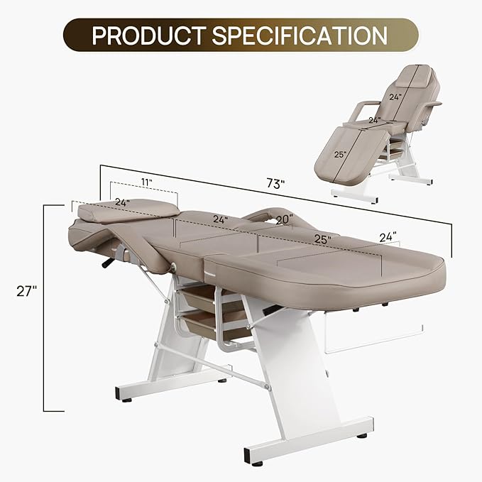 Facial Chair Massage Table 73inch Adjustable Tattoo Chair for Artist with Stool Facial Bed for Spa Beauty Esthetician Gray
