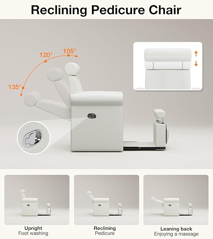 VARONXE Icoget Professional Pedicure Chair No Plumbing for Nail Tech, Reclining SPA Pedicure Station w/Adjustable Footrest & Headrest, Retractable Base Unite for Small Space, White
