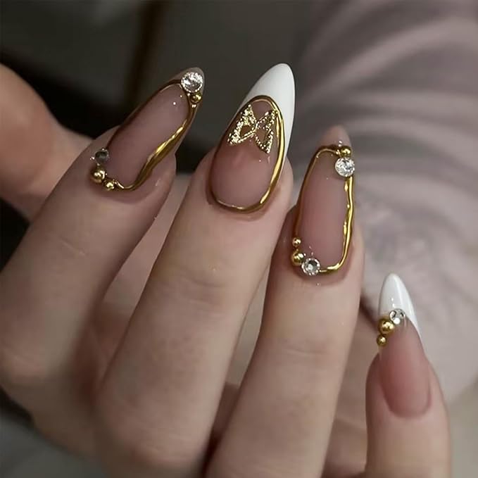 24Pcs Almond Press on Nails Medium French Tip Fake Nails with Gold Line Designs Nude Pink Full Cover Stick on Nails Butterfly Rhinestones False Nails Artificial Nail Tips Glue on Nails for Women Girls