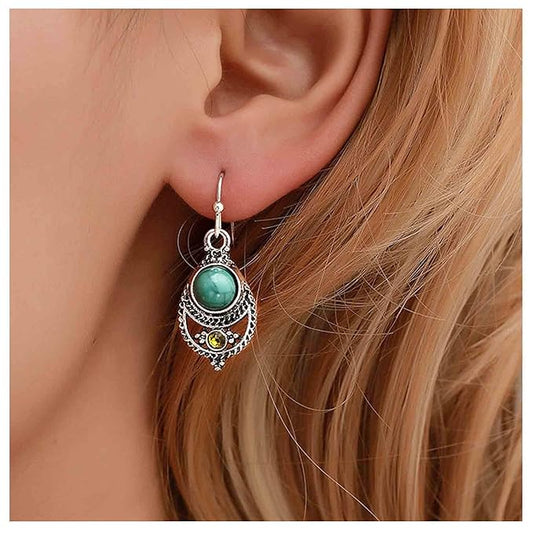 Boho Ethnic Turquoise Drop Earrings Silver Teardrop Turquoise Earrings Gemstone Hook Earrings Retro Drop Dangle Earrings Jewelry for Women and Girls