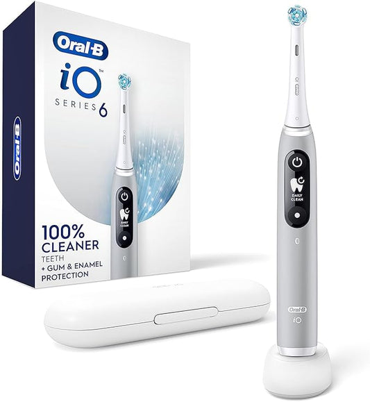 Oral-B iO Series 6 Rechargeable Electric Toothbrush with Visible Pressure Sensor to Protect Gums, 2 Minute Timer, 5 Cleaning Settings, 1 Replacement Toothbrush Head, and Travel Case, Grey Opal