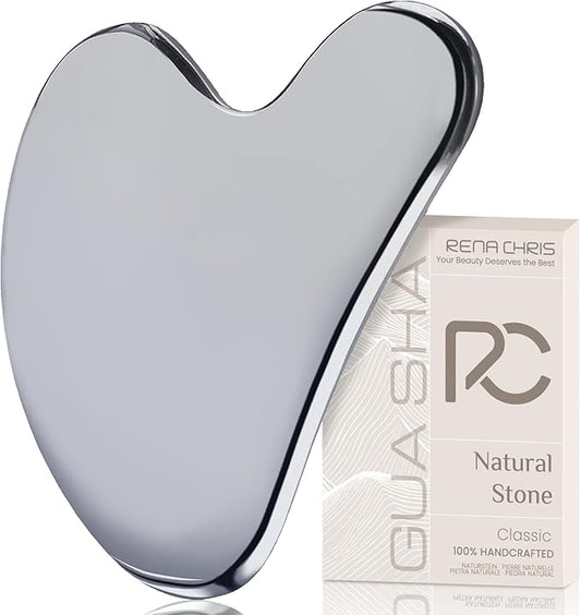 Rena Chris Gua Sha Facial Tools: Natural Terahertz Guasha Tool for Face Acupuncture Therapy, Facial Massager for Jawline Sculpting and Puffiness Reducing (Silver-Grey)
