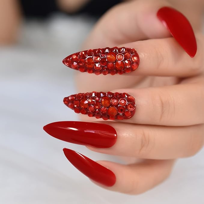 Luxury 3D Red Rhinestones Press on False Nails Extra Long Stiletto Salon DIY Manicure Reusable Fake Acrylic Christmas Nail Art Tips with Jelly Adhesive Tabs Nail File