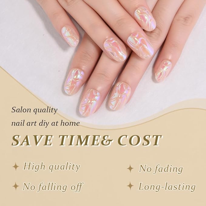 3D Handmade Aurora Press On Nails Ovale Short 24 Pcs, Chameleon Line Designer Reusable Acrylic Fake Nails with Glue On Nails, Wedding and Party, Daily wear Stick On Nails for Women Gift