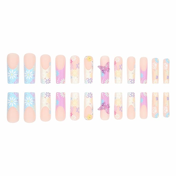 BABALAL Press on Nails Long Square Fake Nails Yellow Purple French Tip Glue on Nails Flower Coquette Acrylic Nails Butterfly Charm False Nails 24Pcs Summer Stick on Gel Nails Squoval Nails