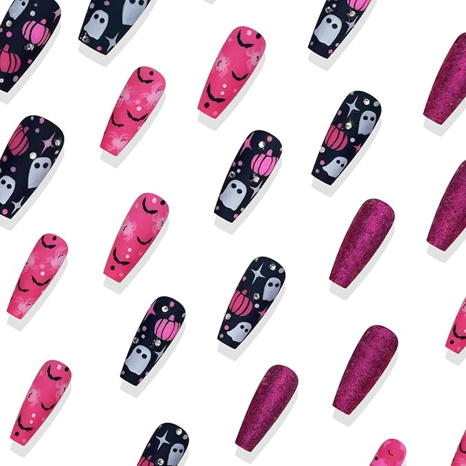 30pcs Glitter Pink Press on Nails Medium Sequins Fake Nails Cute Ghost Pumpkin Bat Print Press on with Rhinestone Designs Halloween False Nail Tips for Girls Nail Decoration