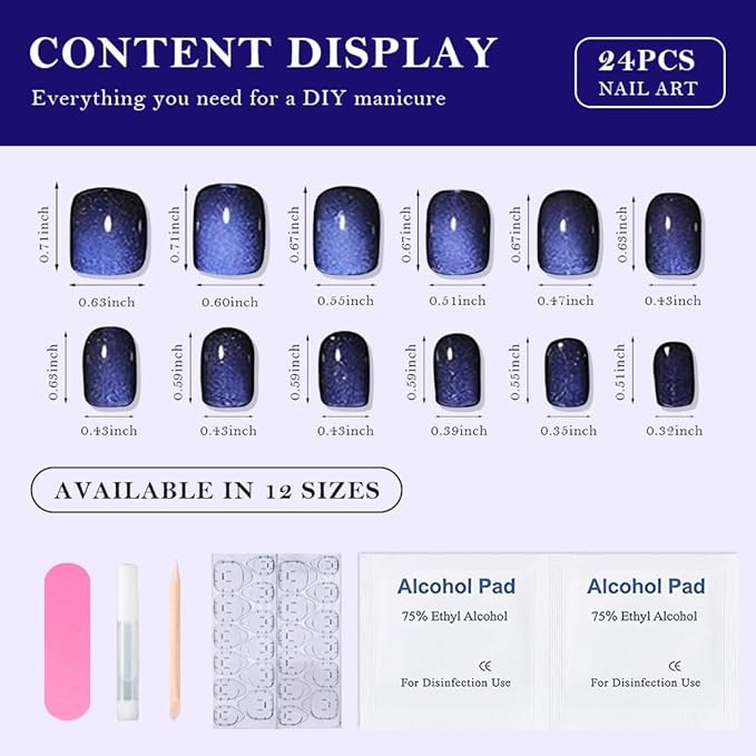 evpct Royal Blue Cat Eye Extra Short Press on Nails Square, Petite Short Square Glue on Nails for Women Gift, Blue Metallic Glitter Glossy Reusable Stick Gel Press on Acrylic Fake Nail with Designs