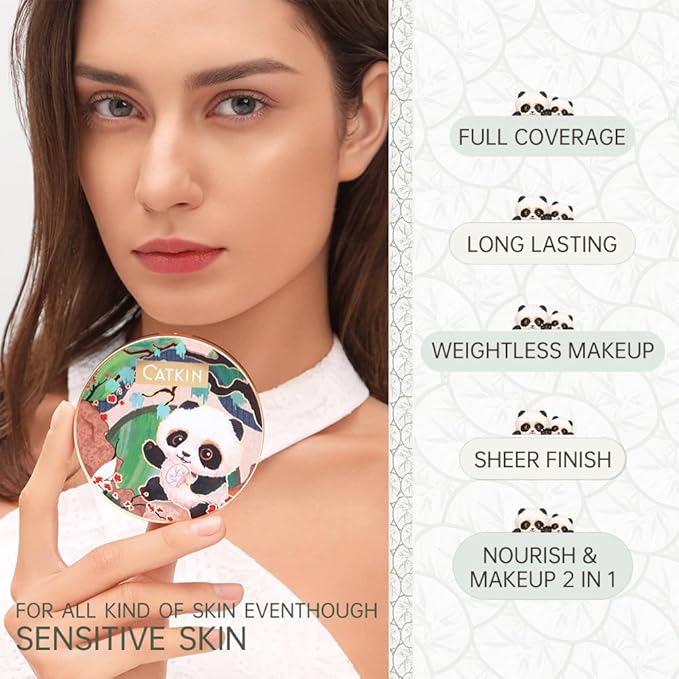 CATKIN Panda Land Full Coverage Cushion Fondation, Breathable Hydrating Nourishing Poreless Face Makeup Save for Sensitive Skin,Sheer Finish (C04 Buff)