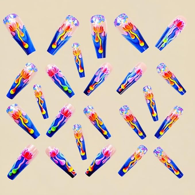 Long Press on Nails Coffin Shape with Flower Design Fake Nails Hot Girl Glue on Nails for Prom and Party Gift for Women 24pcs