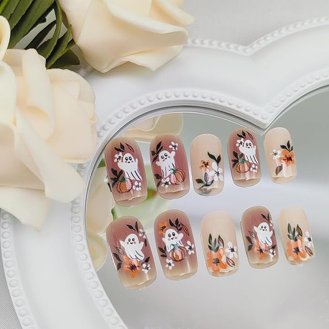 Halloween Ghost Press on Nails Medium Square Fake Nail Cute Ghost Flower Pumpkin Design Glue on Nails Autumn Flowers False Nail Glossy Full Cover Stick on Nails for Women Manicure Supplies 24Pcs