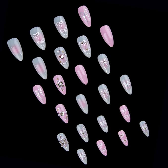 24Pcs Handmade Press On Nails Fake Nails with 3D Diamond Designs French Press on Bow False Nail Full Cover Rhinestones Love Stick on Nails For Women Medium Almond Nail Tips Set
